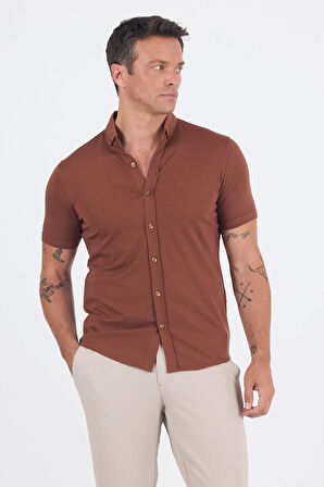 Kiremit italyan Düğmeli Yaka Kısa Kol Cepsiz Slim Fit Gömlek 1004250255
