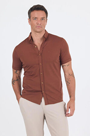 Kiremit italyan Düğmeli Yaka Kısa Kol Cepsiz Slim Fit Gömlek 1004250255