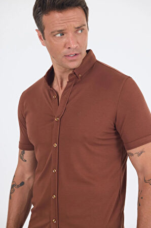 Kiremit italyan Düğmeli Yaka Kısa Kol Cepsiz Slim Fit Gömlek 1004250255