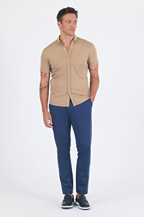 Koyu Bej italyan Düğmeli Yaka Kısa Kol Cepsiz Slim Fit Gömlek 1004250255