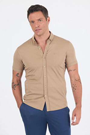 Koyu Bej italyan Düğmeli Yaka Kısa Kol Cepsiz Slim Fit Gömlek 1004250255