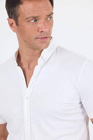 Beyaz italyan Düğmeli Yaka Kısa Kol Cepsiz Slim Fit Gömlek 1004250255