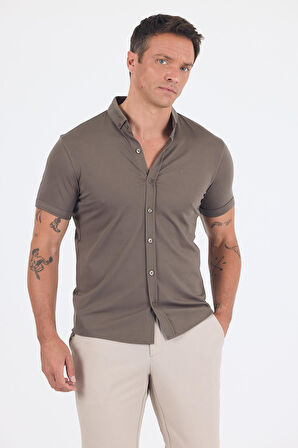 Koyu Haki italyan Düğmeli Yaka Kısa Kol Cepsiz Slim Fit Gömlek 1004250255