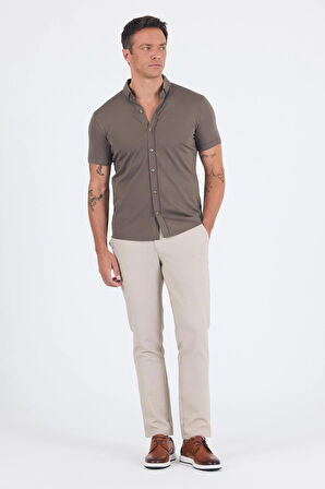 Koyu Haki italyan Düğmeli Yaka Kısa Kol Cepsiz Slim Fit Gömlek 1004250255