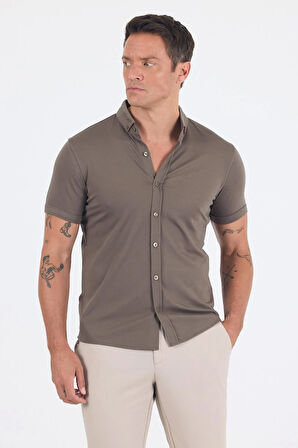 Koyu Haki italyan Düğmeli Yaka Kısa Kol Cepsiz Slim Fit Gömlek 1004250255