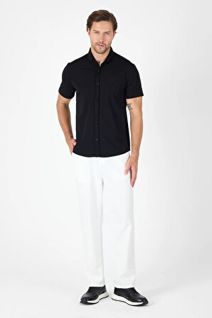 Siyah Kısa Kol Düğmeli Yaka Cepsiz Performans Ürün Slim Fit  Gömlek 1004250256