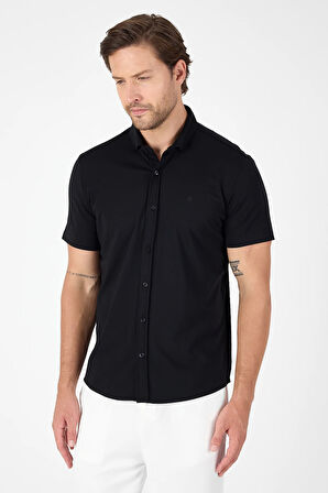 Siyah Kısa Kol Düğmeli Yaka Cepsiz Performans Ürün Slim Fit  Gömlek 1004250256