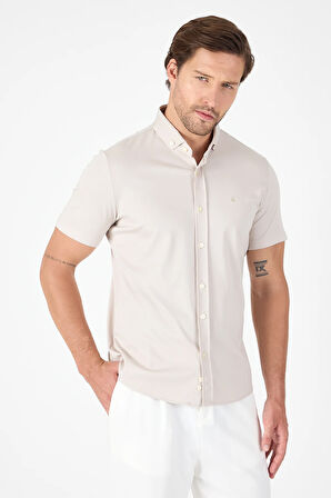 Gri Kısa Kol Düğmeli Yaka Cepsiz Performans Ürün Slim Fit  Gömlek 1004250256