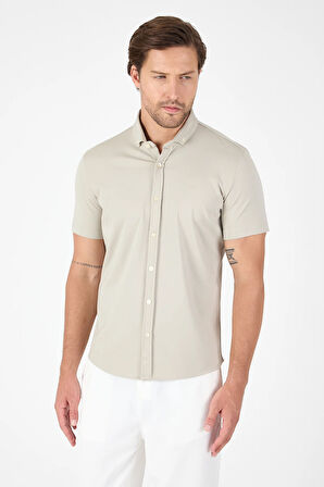 Taş Rengi Kısa Kol Düğmeli Yaka Cepsiz Performans Ürün Slim Fit  Gömlek 1004250256