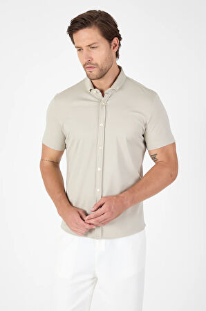 Taş Rengi Kısa Kol Düğmeli Yaka Cepsiz Performans Ürün Slim Fit  Gömlek 1004250256