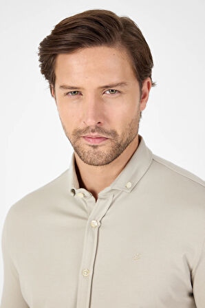 Taş Rengi Kısa Kol Düğmeli Yaka Cepsiz Performans Ürün Slim Fit  Gömlek 1004250256