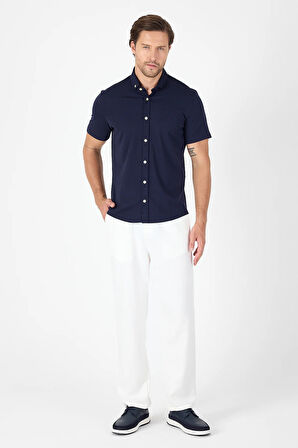 Koyu Lacivert Kısa Kol Düğmeli Yaka Cepsiz Performans Ürün Slim Fit  Gömlek 1004250256