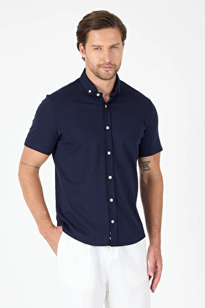 Koyu Lacivert Kısa Kol Düğmeli Yaka Cepsiz Performans Ürün Slim Fit  Gömlek 1004250256