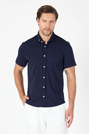 Koyu Lacivert Kısa Kol Düğmeli Yaka Cepsiz Performans Ürün Slim Fit  Gömlek 1004250256