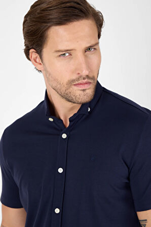 Koyu Lacivert Kısa Kol Düğmeli Yaka Cepsiz Performans Ürün Slim Fit  Gömlek 1004250256