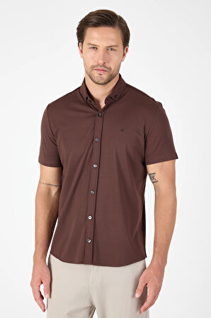 Koyu Kahverengi Kısa Kol Düğmeli Yaka Cepsiz Performans Ürün Slim Fit  Gömlek 1004250256