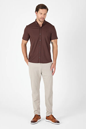 Koyu Kahverengi Kısa Kol Düğmeli Yaka Cepsiz Performans Ürün Slim Fit  Gömlek 1004250256