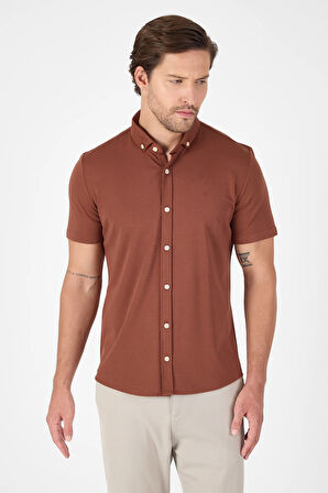 Kiremit Kısa Kol Düğmeli Yaka Cepsiz Performans Ürün Slim Fit  Gömlek 1004250256