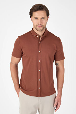 Kiremit Kısa Kol Düğmeli Yaka Cepsiz Performans Ürün Slim Fit  Gömlek 1004250256