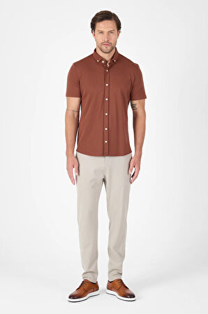 Kiremit Kısa Kol Düğmeli Yaka Cepsiz Performans Ürün Slim Fit  Gömlek 1004250256