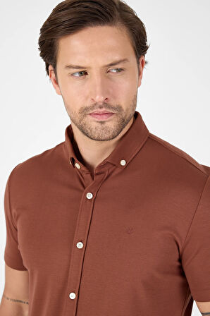 Kiremit Kısa Kol Düğmeli Yaka Cepsiz Performans Ürün Slim Fit  Gömlek 1004250256