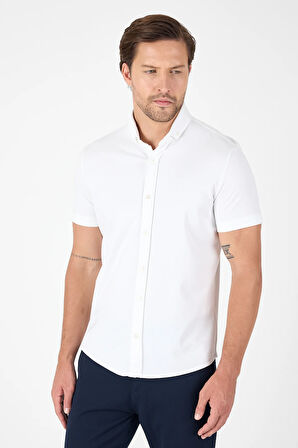 Beyaz Kısa Kol Düğmeli Yaka Cepsiz Performans Ürün Slim Fit  Gömlek 1004250256