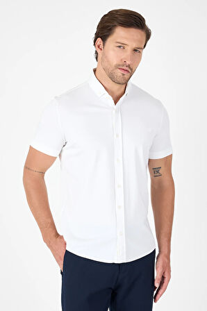Beyaz Kısa Kol Düğmeli Yaka Cepsiz Performans Ürün Slim Fit  Gömlek 1004250256
