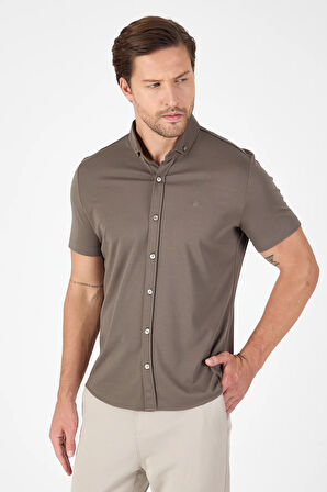 Koyu Haki Kısa Kol Düğmeli Yaka Cepsiz Performans Ürün Slim Fit  Gömlek 1004250256