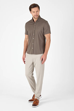 Koyu Haki Kısa Kol Düğmeli Yaka Cepsiz Performans Ürün Slim Fit  Gömlek 1004250256