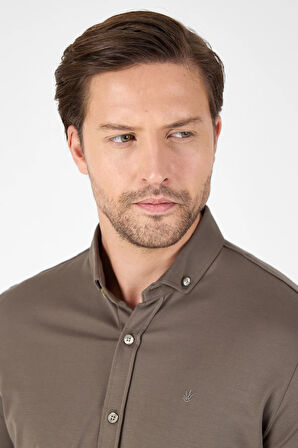 Koyu Haki Kısa Kol Düğmeli Yaka Cepsiz Performans Ürün Slim Fit  Gömlek 1004250256