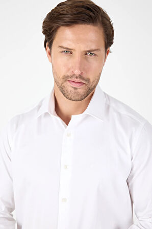 Beyaz Uzun Kol Sert Yaka Cepsiz  Slim Fit %100 Pamuk Gömlek 1004250266