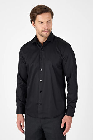 Siyah Uzun Kol Yarım İtalyan Yaka Cepsiz Non Iron Slim Fit Pamuklu Gömlek 1004250267
