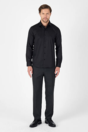Siyah Uzun Kol Yarım İtalyan Yaka Cepsiz Non Iron Slim Fit Pamuklu Gömlek 1004250267