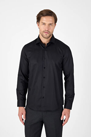 Siyah Uzun Kol Yarım İtalyan Yaka Cepsiz Non Iron Slim Fit Pamuklu Gömlek 1004250267