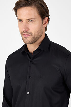 Siyah Uzun Kol Yarım İtalyan Yaka Cepsiz Non Iron Slim Fit Pamuklu Gömlek 1004250267