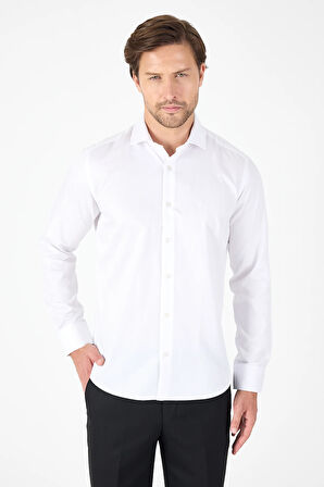 Beyaz Uzun Kol Yarım İtalyan Yaka Cepsiz Non Iron Slim Fit Pamuklu Gömlek 1004250267