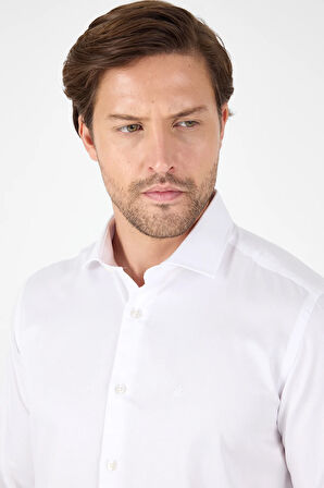 Beyaz Uzun Kol Yarım İtalyan Yaka Cepsiz Non Iron Slim Fit Pamuklu Gömlek 1004250267