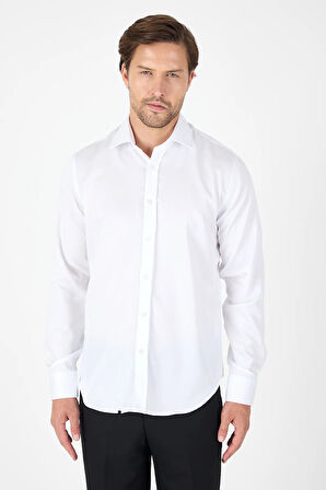 Beyaz Uzun Kol İtalyan Yaka Cepsiz Non Iron Slim Fit %100 Pamuk Gömlek 1004250269