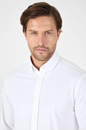 Beyaz Uzun Kol Düğmeli Yaka Cepsiz Performans Ürün Slim Fit  Gömlek 1004250270
