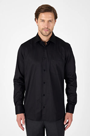 Siyah Sert Yaka Düz Classic %100 Pamuk Comfort Fit Gömlek 1004250323