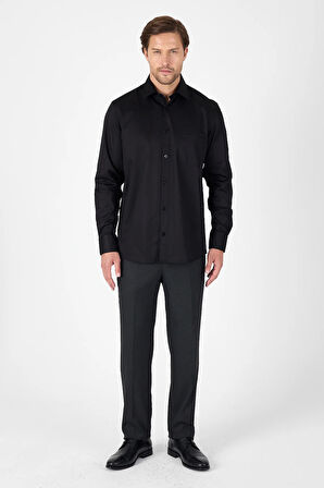 Siyah Sert Yaka Düz Classic %100 Pamuk Comfort Fit Gömlek 1004250323