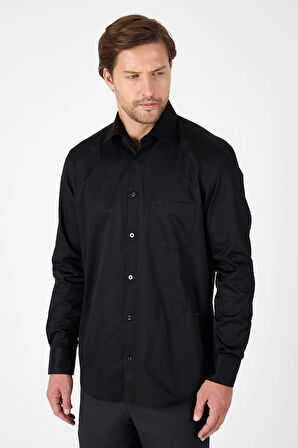 Siyah Sert Yaka Düz Classic %100 Pamuk Comfort Fit Gömlek 1004250323