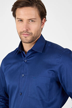 Lacivert Sert Yaka Düz Classic %100 Pamuk Comfort Fit Gömlek 1004250323