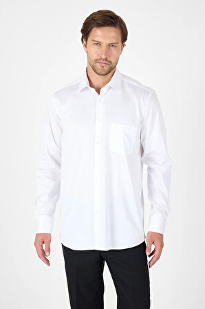 Beyaz Sert Yaka Düz Classic %100 Pamuk Comfort Fit Gömlek 1004250323