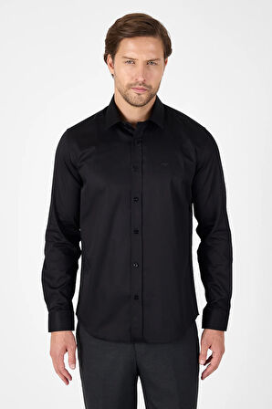 Siyah Sert Yaka Düz Classic %100 Pamuk Slim Fit Gömlek 1004250324