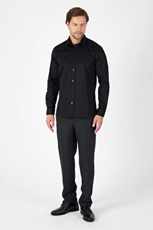 Siyah Sert Yaka Düz Classic %100 Pamuk Slim Fit Gömlek 1004250324