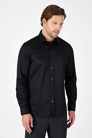 Siyah Sert Yaka Düz Classic %100 Pamuk Slim Fit Gömlek 1004250324