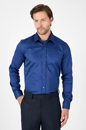 Lacivert Sert Yaka Düz Classic %100 Pamuk Slim Fit Gömlek 1004250324
