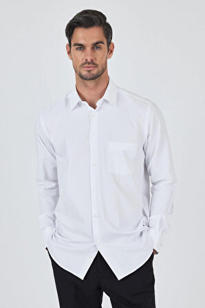 Beyaz Sert Yaka Düz Classic Comfort Fit Gömlek 1004250901