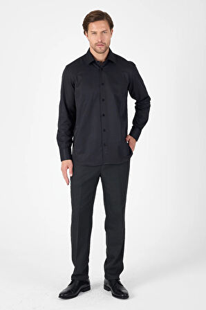 Siyah Uzun Kol Sert Yaka Cepsiz  Comfort Fit Pamuklu Gömlek 1004250914